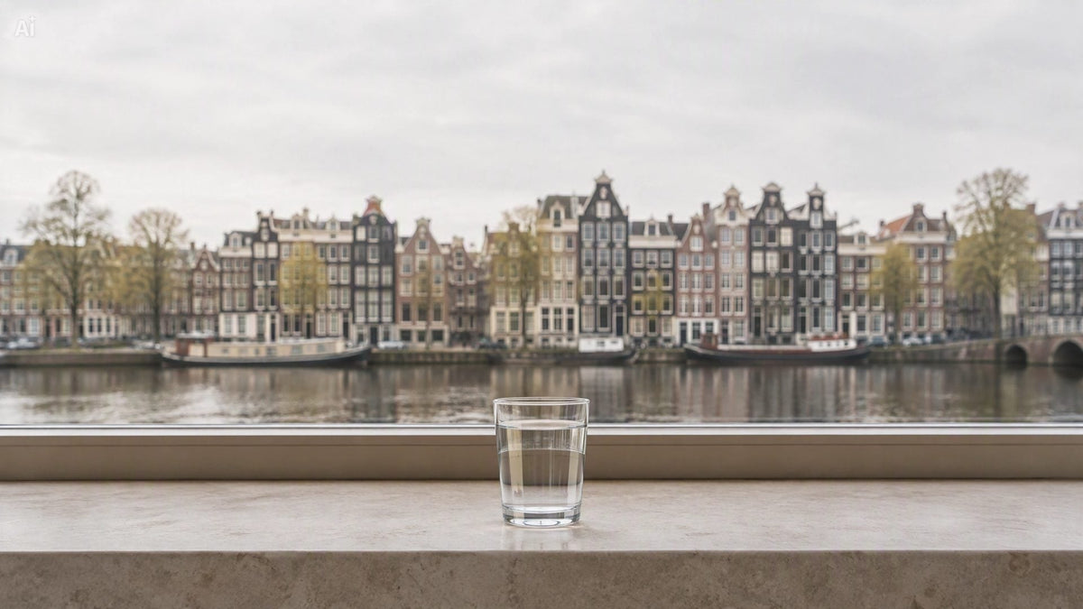 Un vaso de agua del grifo en el alféizar de una ventana con vistas a un canal bordeado de casas típicas holandesas, en un día nublado