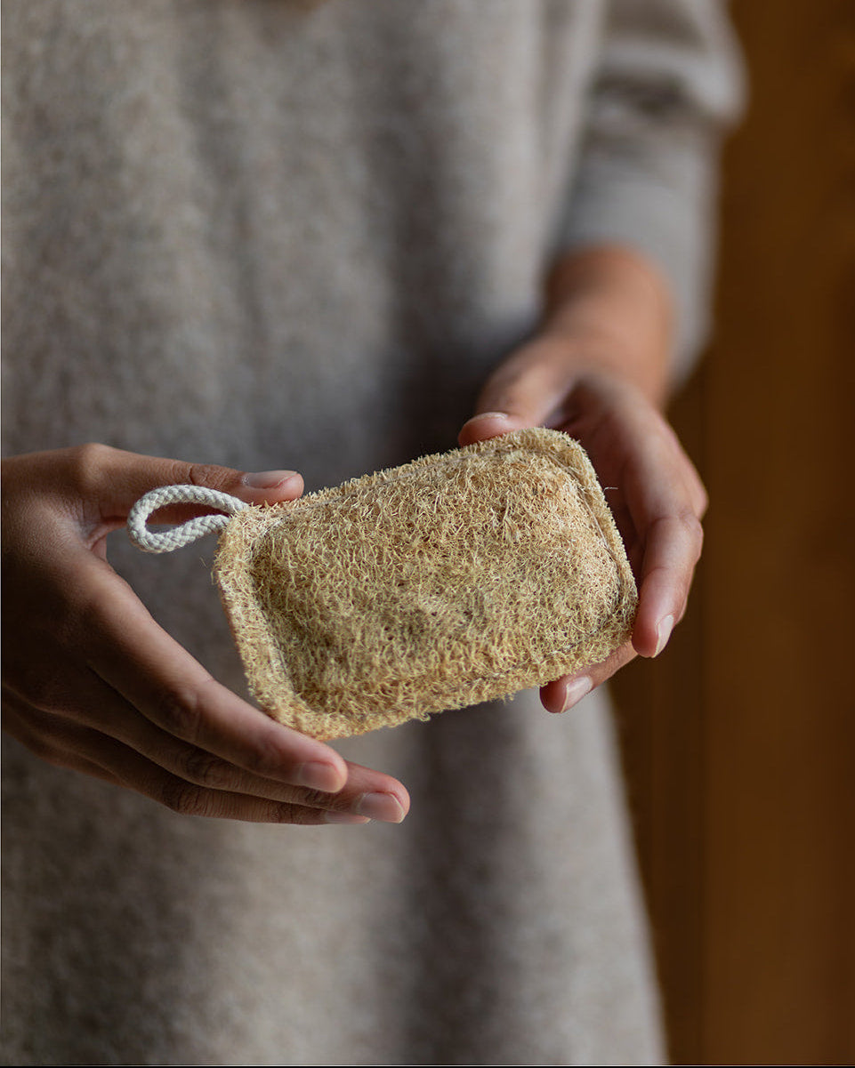 Person holding a natural loofah sponge against a blurred background
